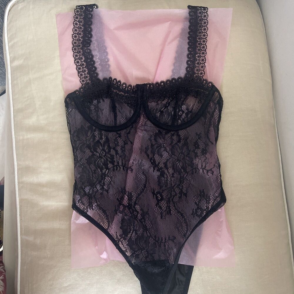 COMMENSE NWT XS Black Lace Sheer Bodysuit Bustier Underwire Crochet Strap Top